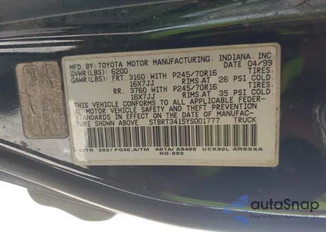 2000 Toyota Tundra Sr5 V8 from USA, damaged, VIN 5TBRT3415YS001777